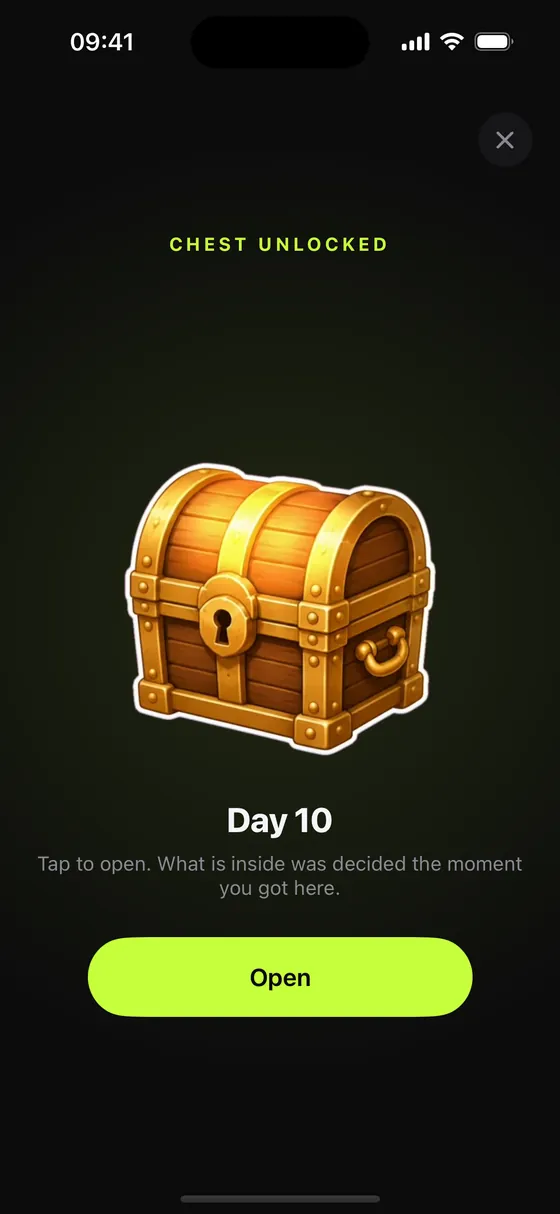 A chest unlocked screen on day 10 with a gold chest and an Open button.