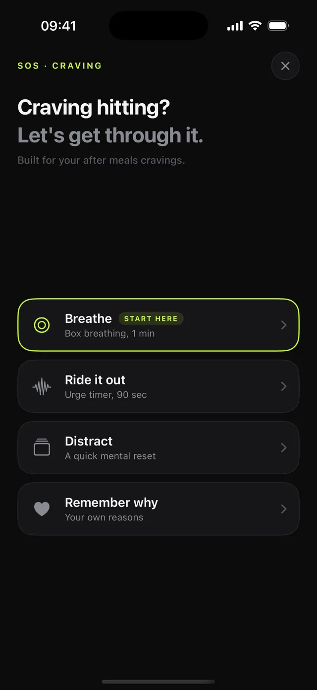 The SOS screen headed Craving hitting? Let's get through it, listing four tools: Breathe, Ride it out, Distract and Remember why.