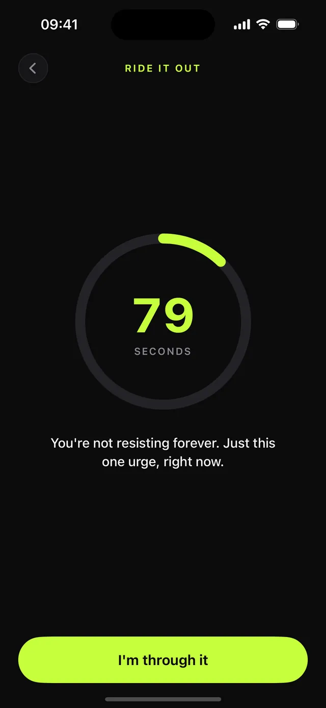 The Ride it out urge timer counting down from 79 seconds, with the line: you're not resisting forever, just this one urge, right now.