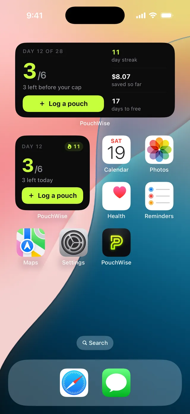 An iPhone Home Screen with two PouchWise widgets showing the day of the plan, 3 of 6 logged, an 11 day streak and a Log a pouch button.